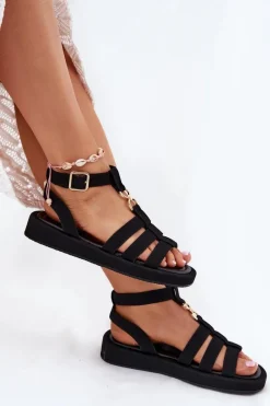 Sale Sandały Damskie Na Platformie Ze Złotym Detalem Czarne Kartia Damskie Sandały Płaskie