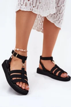 Sale Sandały Damskie Na Platformie Ze Złotym Detalem Czarne Kartia Damskie Sandały Płaskie