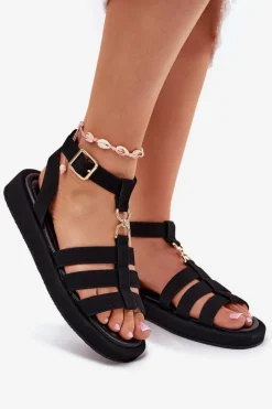 Sale Sandały Damskie Na Platformie Ze Złotym Detalem Czarne Kartia Damskie Sandały Płaskie