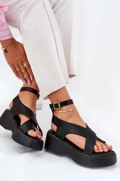 Online Boto Sandały Damskie Na Platformie I Koturnie Eko Skórzane Czarne Tenzorus Czarny