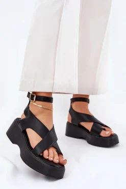 Online Boto Sandały Damskie Na Platformie I Koturnie Eko Skórzane Czarne Tenzorus Czarny