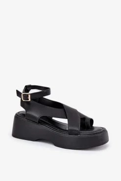 Online Boto Sandały Damskie Na Platformie I Koturnie Eko Skórzane Czarne Tenzorus Czarny