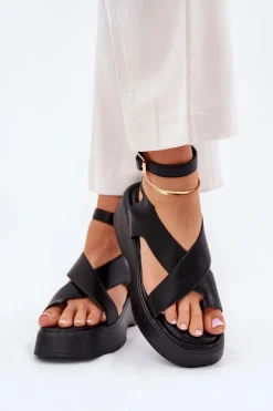 Online Boto Sandały Damskie Na Platformie I Koturnie Eko Skórzane Czarne Tenzorus Czarny