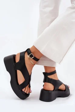 Online Boto Sandały Damskie Na Platformie I Koturnie Eko Skórzane Czarne Tenzorus Czarny