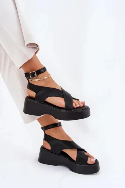 Online Boto Sandały Damskie Na Platformie I Koturnie Eko Skórzane Czarne Tenzorus Czarny