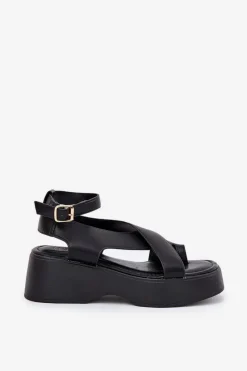 Online Boto Sandały Damskie Na Platformie I Koturnie Eko Skórzane Czarne Tenzorus Czarny