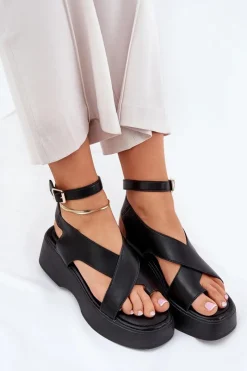 Online Boto Sandały Damskie Na Platformie I Koturnie Eko Skórzane Czarne Tenzorus Czarny