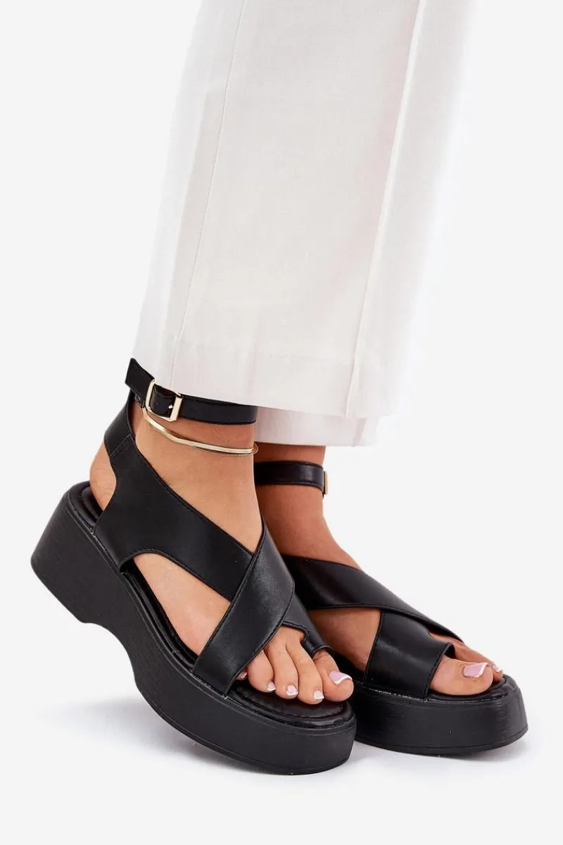 Online Boto Sandały Damskie Na Platformie I Koturnie Eko Skórzane Czarne Tenzorus Czarny