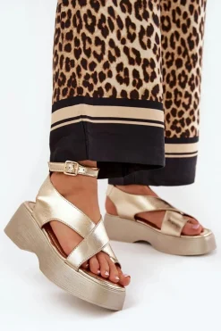 Sale Boto Sandały Damskie Na Platformie I Koturnie Eko Skórzane Złote Tenzorus Złoty