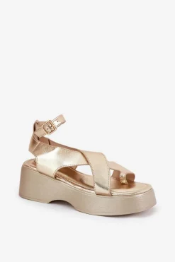 Sale Boto Sandały Damskie Na Platformie I Koturnie Eko Skórzane Złote Tenzorus Złoty