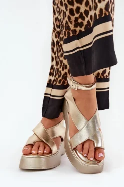 Sale Boto Sandały Damskie Na Platformie I Koturnie Eko Skórzane Złote Tenzorus Złoty