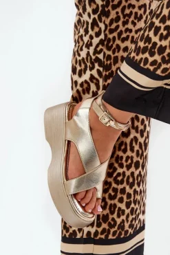 Sale Boto Sandały Damskie Na Platformie I Koturnie Eko Skórzane Złote Tenzorus Złoty