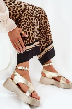 Sale Boto Sandały Damskie Na Platformie I Koturnie Eko Skórzane Złote Tenzorus Złoty