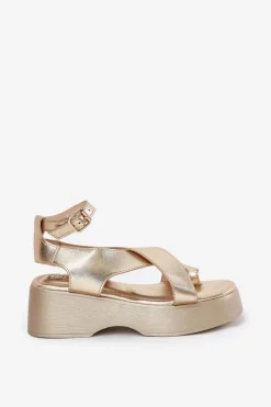 Sale Boto Sandały Damskie Na Platformie I Koturnie Eko Skórzane Złote Tenzorus Złoty