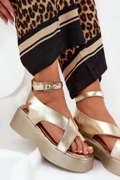 Sale Boto Sandały Damskie Na Platformie I Koturnie Eko Skórzane Złote Tenzorus Złoty