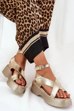 Sale Boto Sandały Damskie Na Platformie I Koturnie Eko Skórzane Złote Tenzorus Złoty