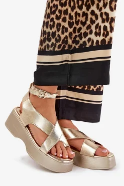 Sale Boto Sandały Damskie Na Platformie I Koturnie Eko Skórzane Złote Tenzorus Złoty