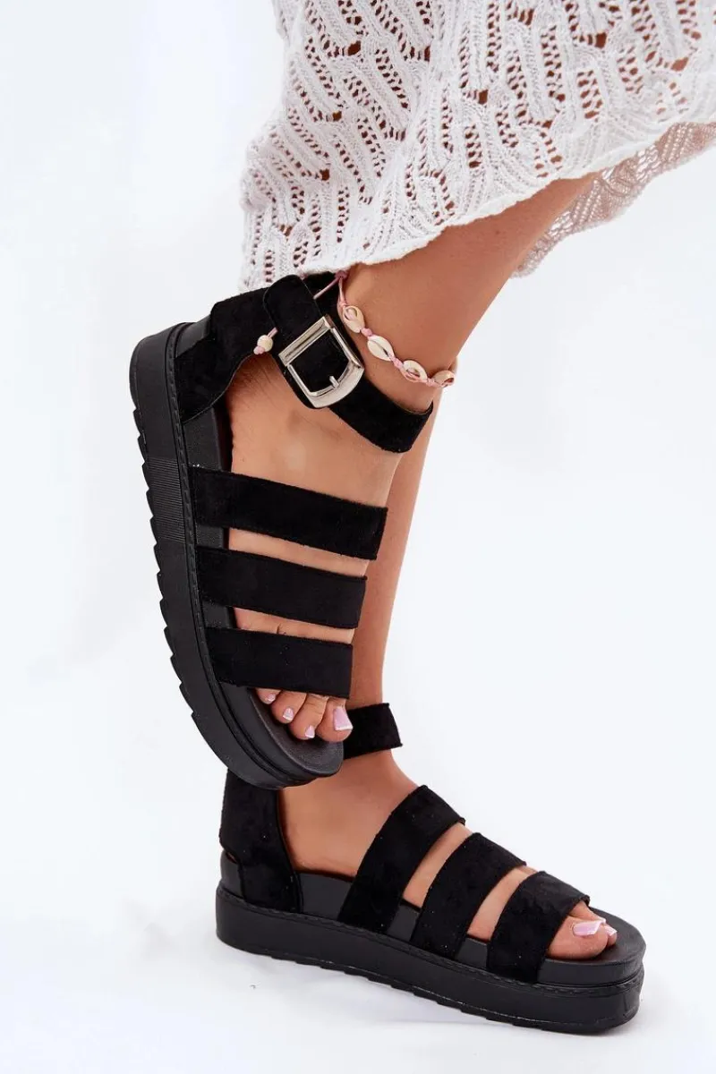 Sandały Płaskie>Boto Sandały Damskie Na Platformie Z Paskami Czarne Nevidas