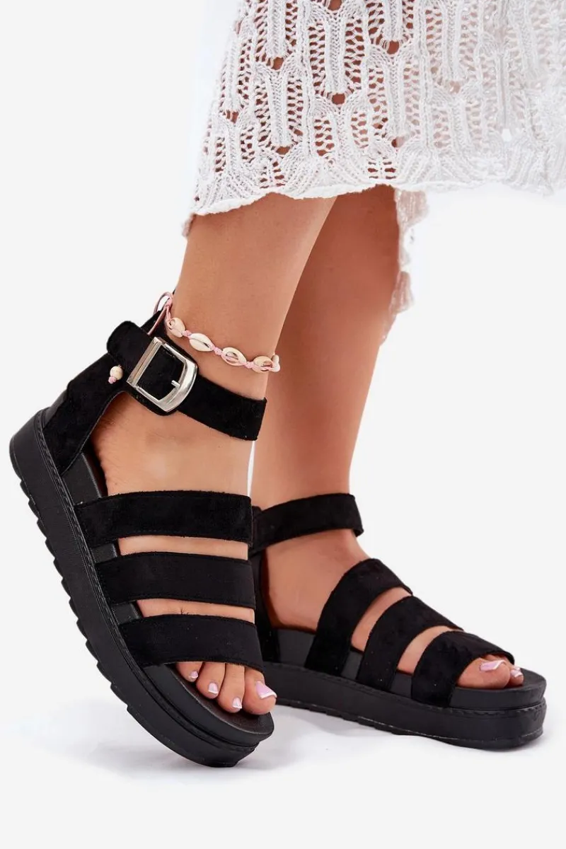 Sandały Płaskie>Boto Sandały Damskie Na Platformie Z Paskami Czarne Nevidas