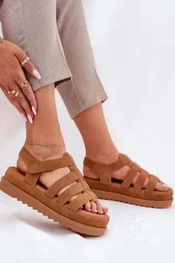 Sandały Płaskie>Boto Sandały Damskie Na Platformie Eko Zamszowe Camel Filisenia Brązowy