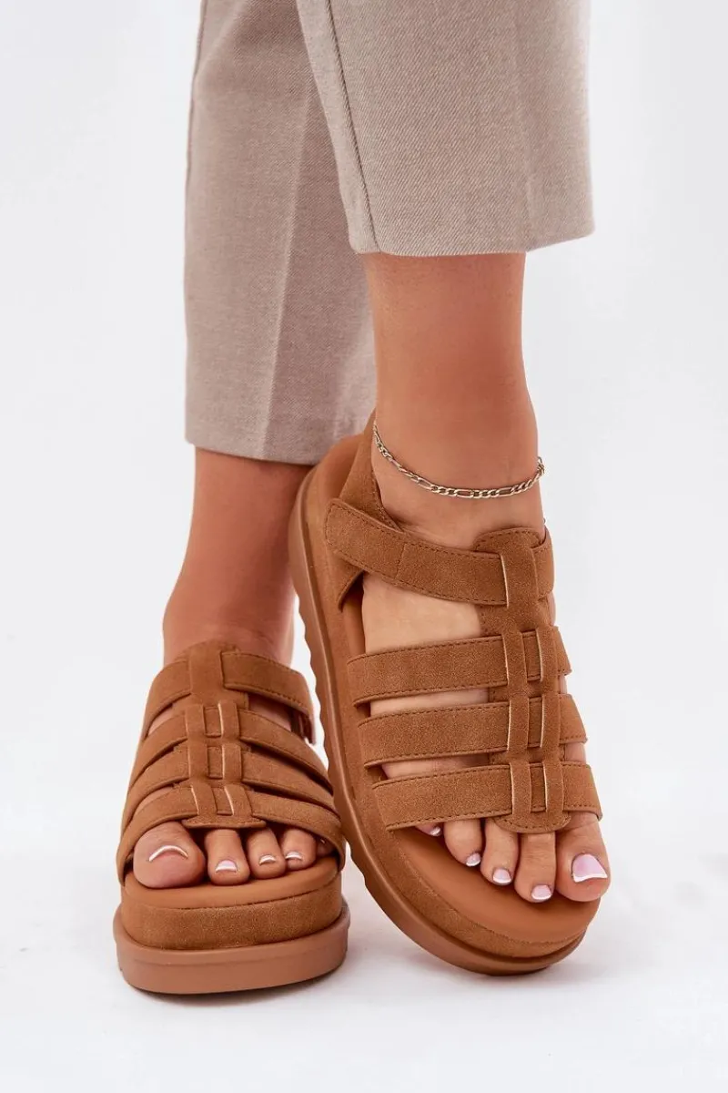 Sandały Płaskie>Boto Sandały Damskie Na Platformie Eko Zamszowe Camel Filisenia Brązowy