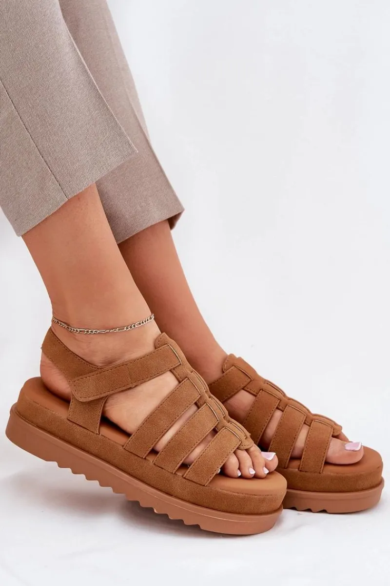 Sandały Płaskie>Boto Sandały Damskie Na Platformie Eko Zamszowe Camel Filisenia Brązowy