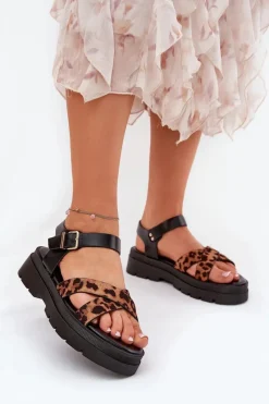 Discount Sandały Damskie Na Platformie W Panterkę Brązowe Gevinniser Damskie Sandały Płaskie