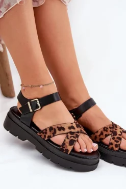 Discount Sandały Damskie Na Platformie W Panterkę Brązowe Gevinniser Damskie Sandały Płaskie