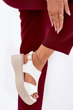 Sandały Płaskie>Boto Sandały Damskie Na Platformie Eko Skórzane Białe Karonia