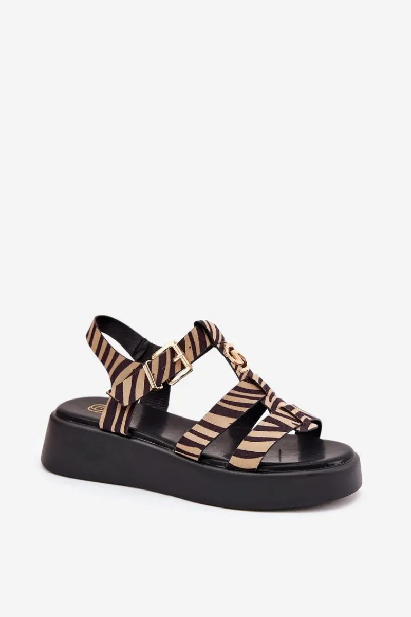 Sandały Płaskie>Boto Sandały Damskie Na Platformie Ze Złotym Detalem Zebra Beżowo-Czarne Fevire