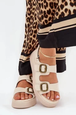 Sandały Damskie Na Platformie I Koturnie Z Klamrami Beżowe Genorre Damskie Sandały Na Koturnie|Sandały Płaskie