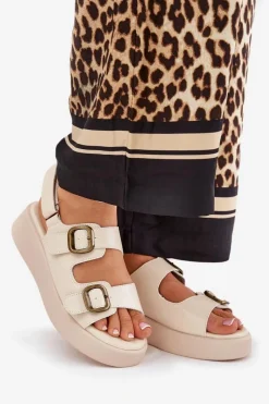 Sandały Damskie Na Platformie I Koturnie Z Klamrami Beżowe Genorre Damskie Sandały Na Koturnie|Sandały Płaskie