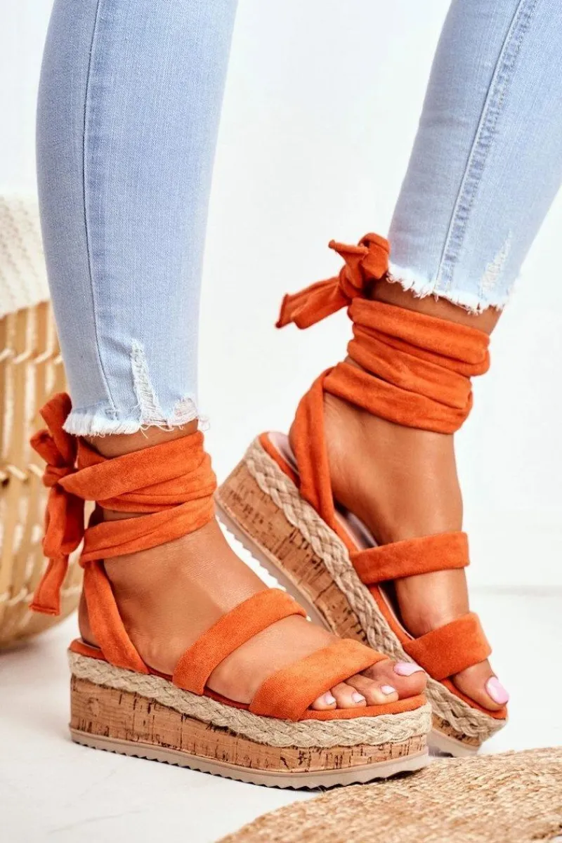 Sale Boto Sandały Damskie Na Platformie Wiązane Pomarańczowe La Favorite