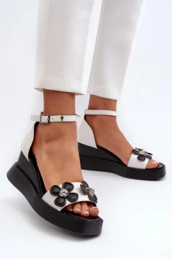 Outlet Boto Sandały Damskie Na Platformie I Koturnie Z Kwiatami Białe Foviana Biały