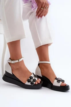 Outlet Boto Sandały Damskie Na Platformie I Koturnie Z Kwiatami Białe Foviana Biały