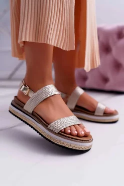 Sale Sandały Damskie Na Platformie Espadryl Złote Sarabel Damskie Sandały Płaskie