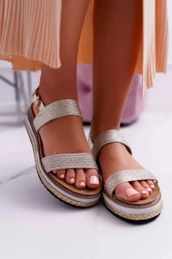 Sale Sandały Damskie Na Platformie Espadryl Złote Sarabel Damskie Sandały Płaskie