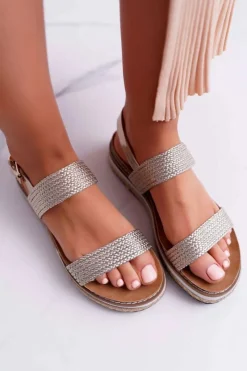 Sale Sandały Damskie Na Platformie Espadryl Złote Sarabel Damskie Sandały Płaskie