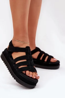 Sale Sandały Damskie Na Platformie Eko Zamszowe Czarne Filisenia Damskie Sandały Płaskie