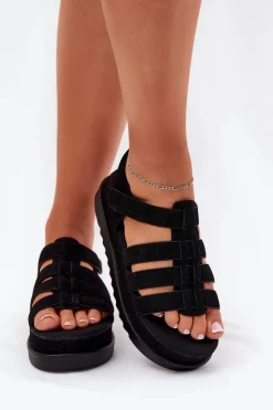 Sale Sandały Damskie Na Platformie Eko Zamszowe Czarne Filisenia Damskie Sandały Płaskie