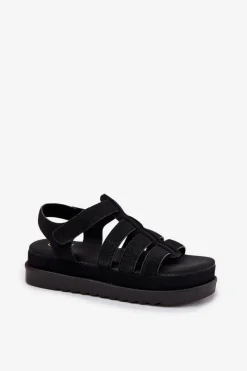 Sale Sandały Damskie Na Platformie Eko Zamszowe Czarne Filisenia Damskie Sandały Płaskie