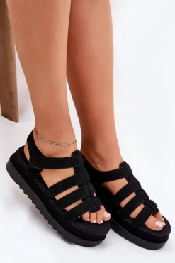 Sale Sandały Damskie Na Platformie Eko Zamszowe Czarne Filisenia Damskie Sandały Płaskie