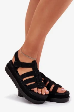 Sale Sandały Damskie Na Platformie Eko Zamszowe Czarne Filisenia Damskie Sandały Płaskie