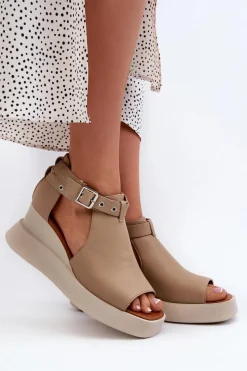 Discount Sandały Damskie Na Platformie I Koturnie Z Eko Skóry Beżowe Hloeli Damskie Sandały Na Koturnie