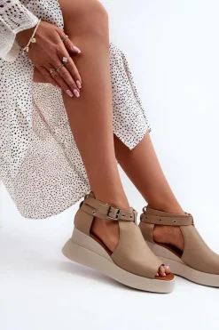 Discount Sandały Damskie Na Platformie I Koturnie Z Eko Skóry Beżowe Hloeli Damskie Sandały Na Koturnie