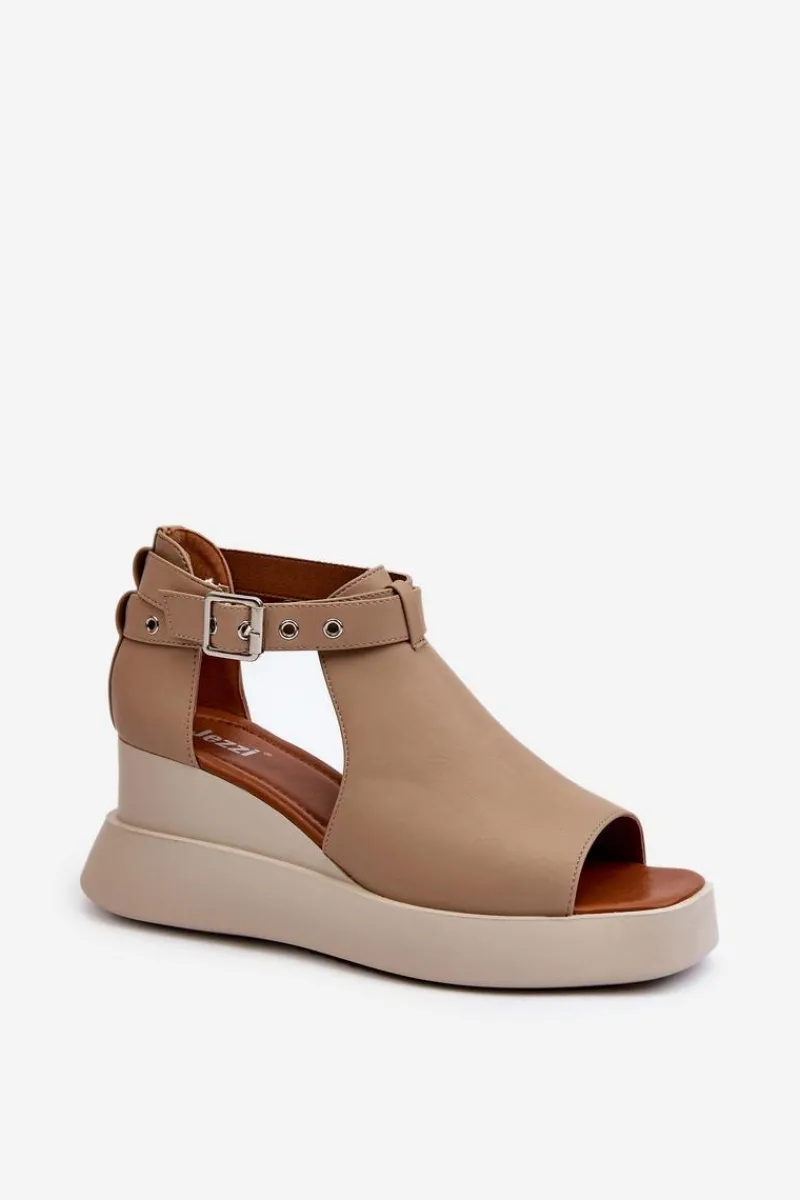 Discount Sandały Damskie Na Platformie I Koturnie Z Eko Skóry Beżowe Hloeli Damskie Sandały Na Koturnie