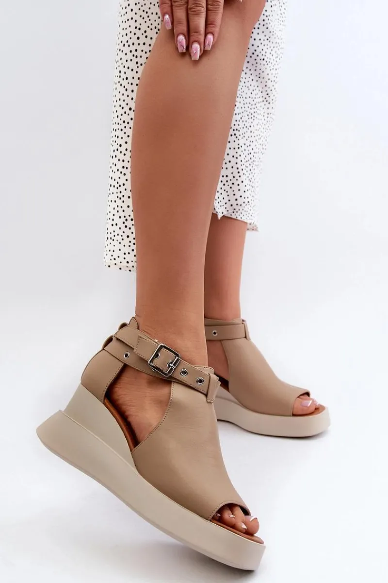 Discount Sandały Damskie Na Platformie I Koturnie Z Eko Skóry Beżowe Hloeli Damskie Sandały Na Koturnie