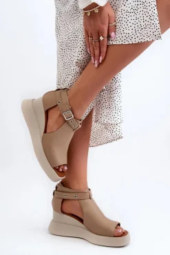 Discount Sandały Damskie Na Platformie I Koturnie Z Eko Skóry Beżowe Hloeli Damskie Sandały Na Koturnie