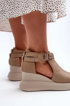 Discount Sandały Damskie Na Platformie I Koturnie Z Eko Skóry Beżowe Hloeli Damskie Sandały Na Koturnie