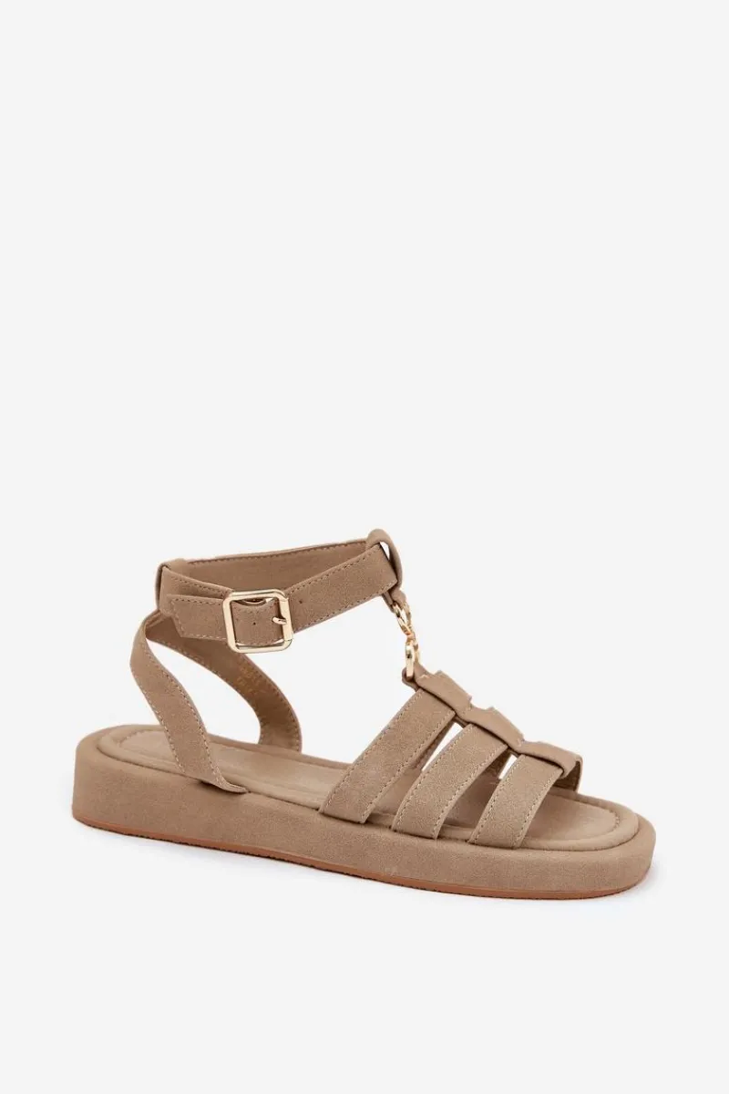 Sandały Płaskie>Boto Sandały Damskie Na Platformie Ze Złotym Detalem Khaki Kartia Beżowy